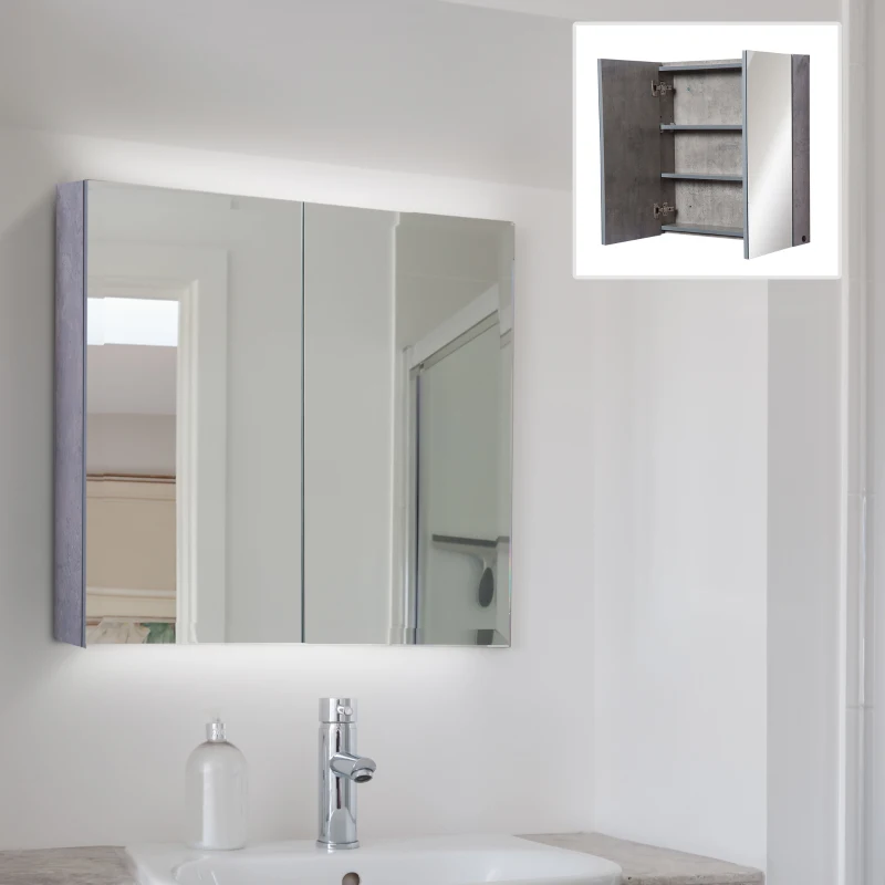 Kleankin Wall-Mount Bathroom LED Mirrored Cabinet, 63Wx68Hx13.5T cm-Cement Grey