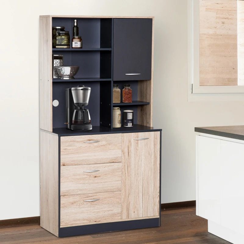 HOMCOM Freestanding Kitchen Pantry Cabinet, 90Lx39Wx169H cm-Black and Oak Colour