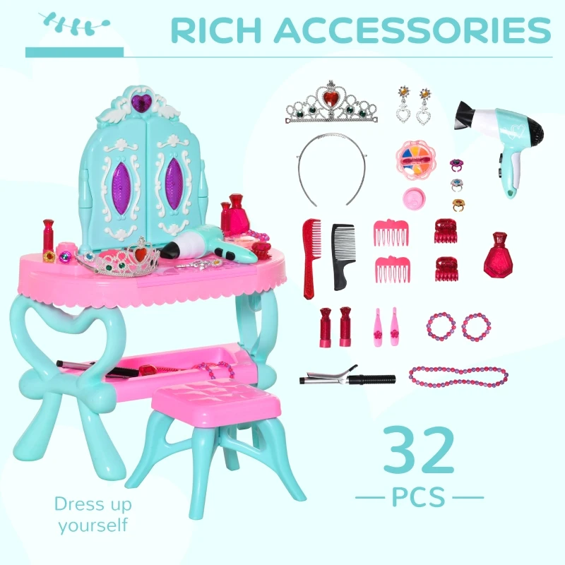 HOMCOM 2 In 1 Kids Vanity Dressing Table Play Set w/ 13 Key Piano Keyboard, Magic Glamour Princess Mirror, Lights, Music, Pretend Toy, Beauty Kit, Stool, for 3-6 Years Pink