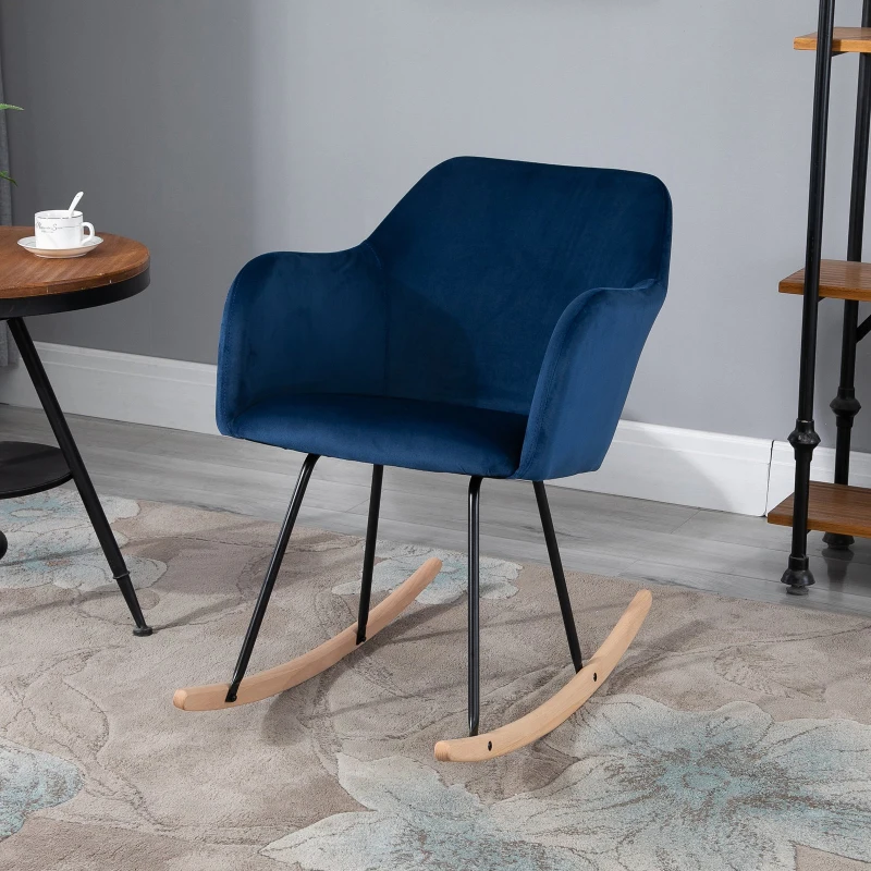 HOMCOM Flannelette Rocking Chair w/ Metal Frame Wood Legs Comfortable Accent Chair Home Office Elegant Dining Bedroom Blue