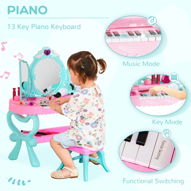 HOMCOM 2 In 1 Kids Vanity Dressing Table Play Set w/ 13 Key Piano Keyboard, Magic Glamour Princess Mirror, Lights, Music, Pretend Toy, Beauty Kit, Stool, for 3-6 Years Pink