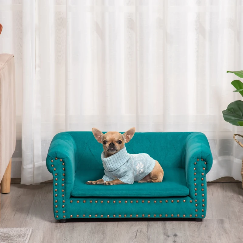 PawHut Dog Sofa with Soft Cushion, Pet Bed Cat Chair Couch with Water Resistant Fabric, Sponge Padded, Washable Cover, Easy Installation, Wooden Legs for Mini Sized Dogs - Green