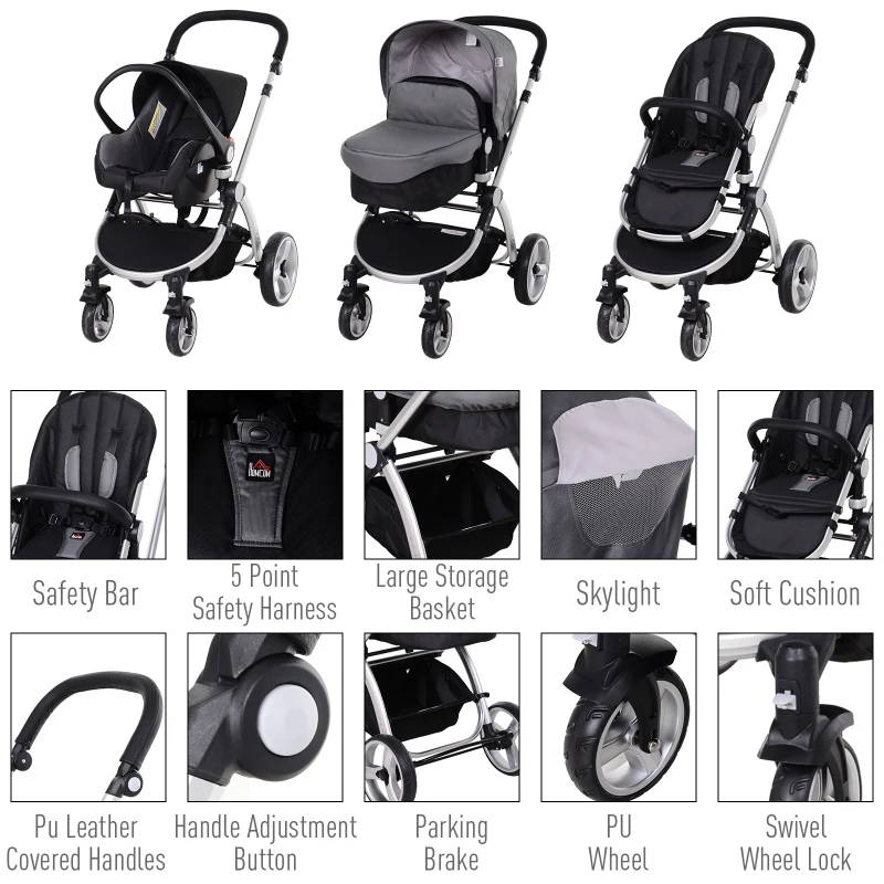 HOMCOM 3-in-1 Travel System Lightweight Versatile Stroller Easy Infant Car Seat Transfer Storage Basket Travel Stroller Grey