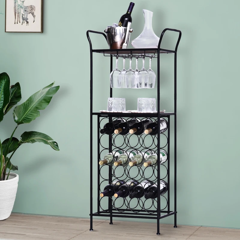 HOMCOM Metal Frame 24 Bottle Wine Rack Unit w/ Pine Wood Table Top Black Brown