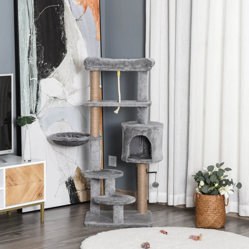 PawHut Cat Tree Tower for Indoor Cats 120cm Climbing Kitten Activity Center with Jute Scratching Post Perch Hanging Ball Hammock Teasing Rope Condo Toy Light Grey