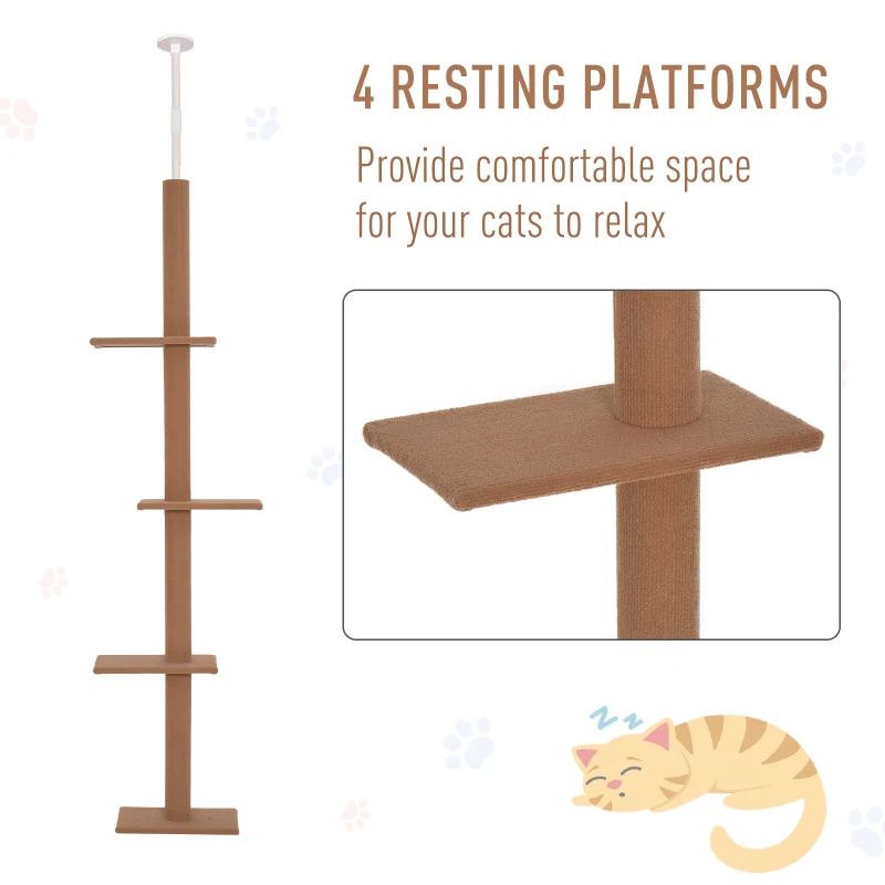 PawHut 260cm Floor To Ceiling Cat Tree for Indoor Cats w/ 3 Perches Flannel Upholstery Kitten Pet Rest Sleep Activity Tower Home Furniture Brown
