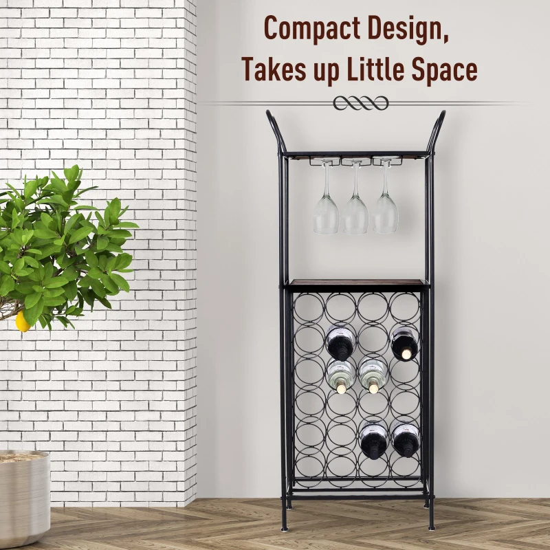 HOMCOM Metal Frame 24 Bottle Wine Rack Unit w/ Pine Wood Table Top Black Brown