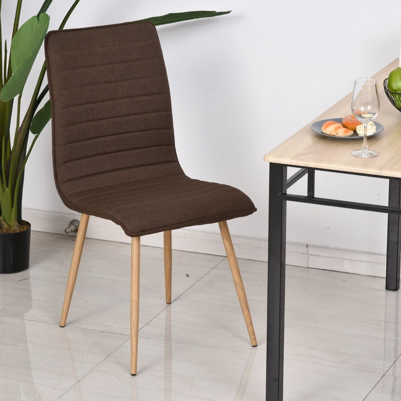 HOMCOM Set of 2 Armless Dining Chairs w/ Metal Frame Linen Upholstery Padding Wood-Effect Legs Foot Pads Simple Modern Style Brown