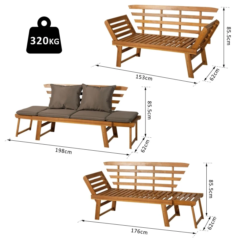 Outsunny 3 In 1 Folding Daybed Sofa Bench Wood Lounger W/Cushion Pillows