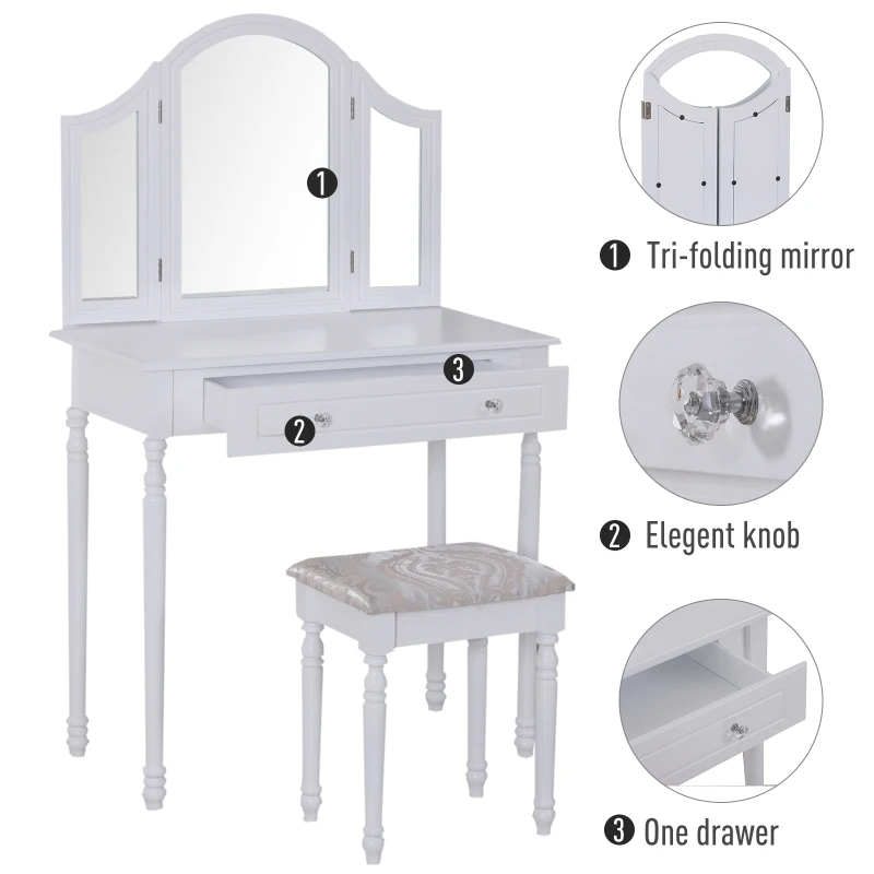 HOMCOM Dressing Table Set W/ Stool and Mirrored Desk-White