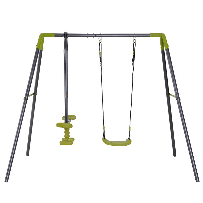 HOMCOM Kids Metal Swing Set, 160/245Lx138Wx180H cm-Grey/Lemon Green Colour