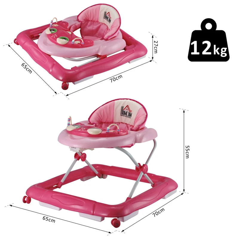 HOMCOM Foldable Baby Walker, Adjustable Height , 70L x 65W x 55Hcm-Pink