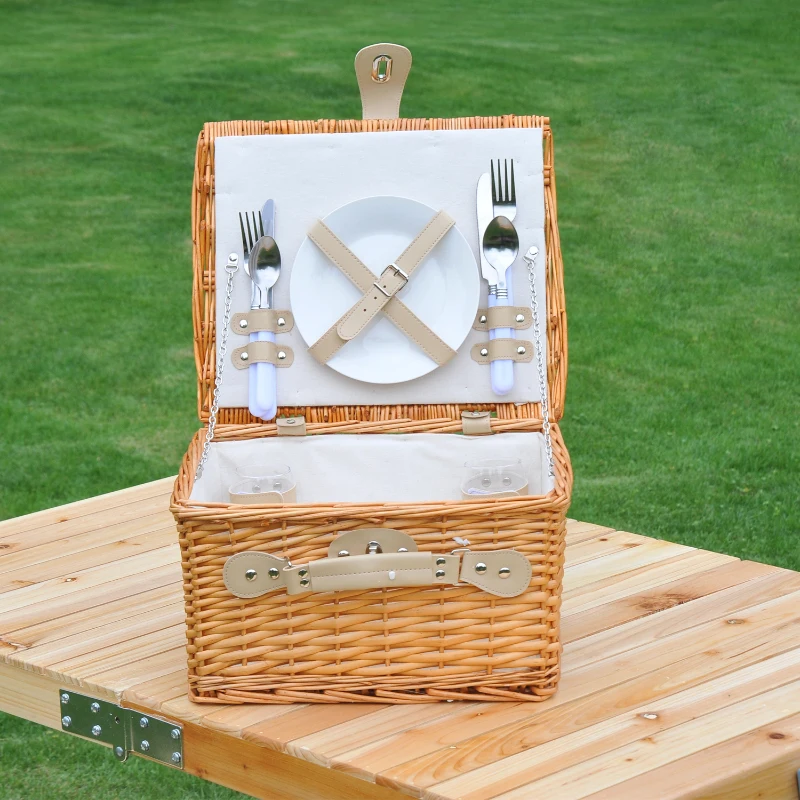 Outsunny 2 Person Willow Wicker Picnic Basket-Beige