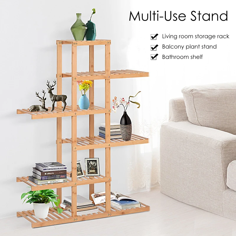 HOMCOM Standing Bamboo Shelves Simplistic 6-Tier Storage Shelf Natural