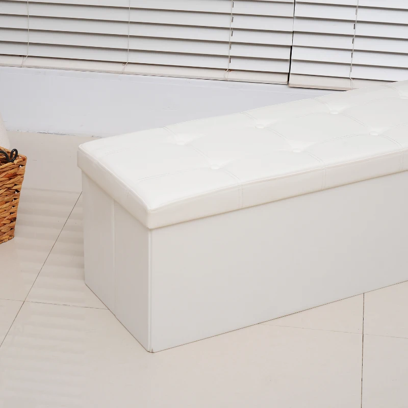 HOMCOM Foldable Storage Ottoman Box Stool Stool PU Bench Seat w/ Lid 110Lx38Wx38H(cm) (Cream White)