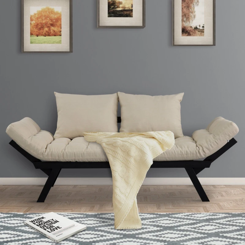 HOMCOM Linen Fabric 3-Position Sofa Bed Chaise Lounge Convertible with Pillows Beige