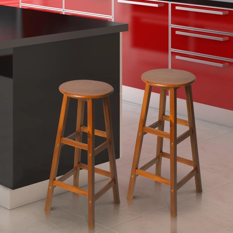 HOMCOM 2 PCs Bar Stools Chairs, Acacia Wood-Teak Colour