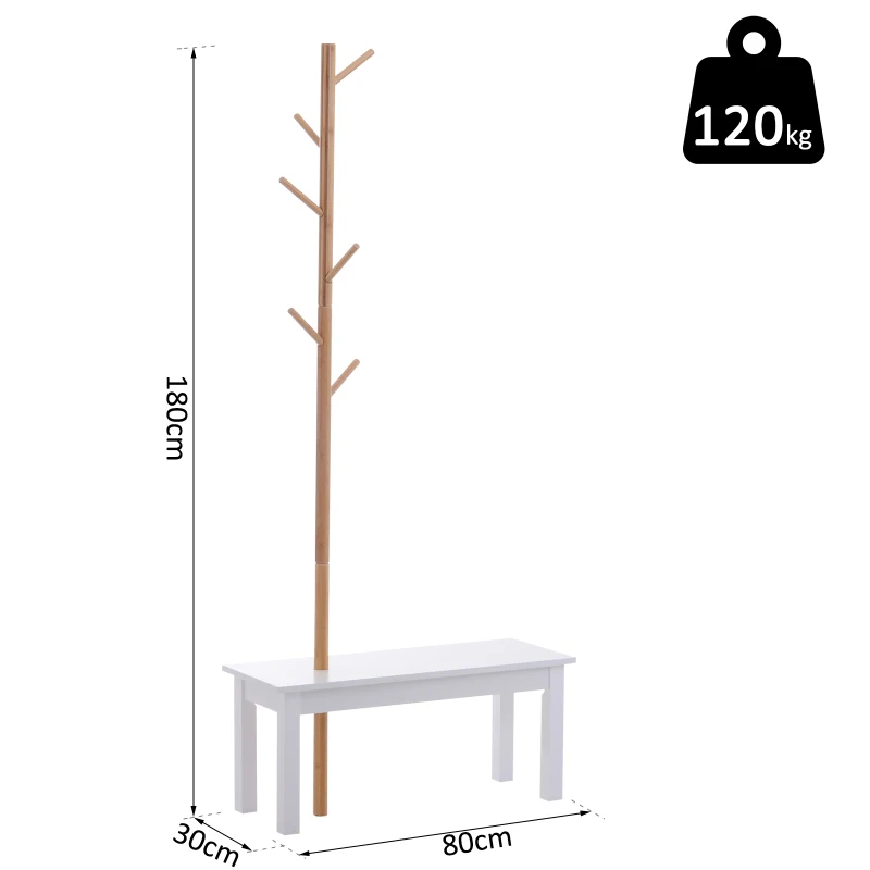 HOMCOM Bamboo Coat Rack W/Shoe Bench, 80Lx30Wx180H cm-White/Natural Wood Colour