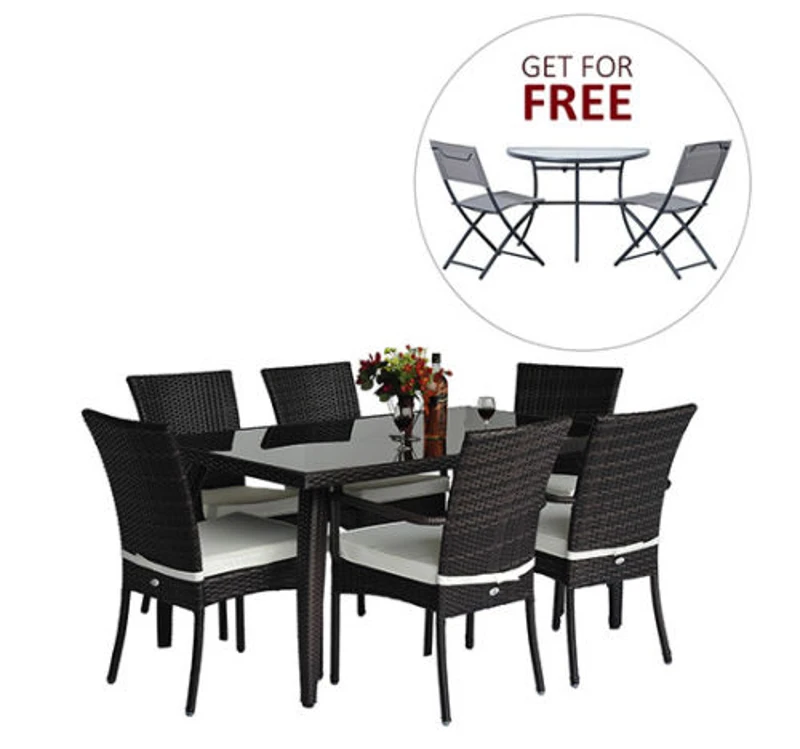 Outsunny 7 Pc Rattan Dining Set+Free 3 Pc Bistro Set