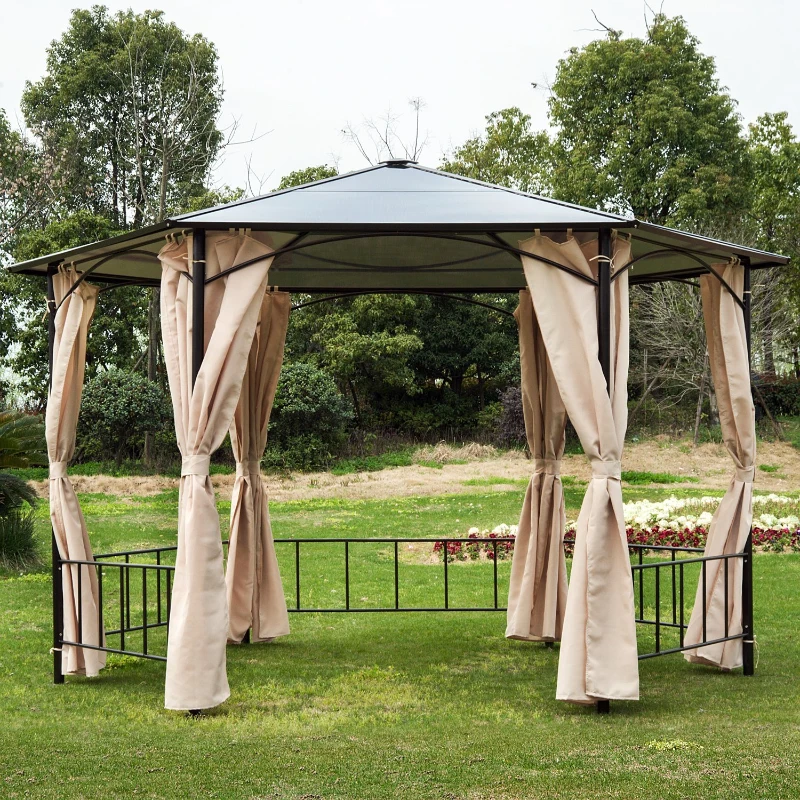 Outsunny 2m Hexagonal Patio Metal Gazebo w/Curtain-Brown/Beige