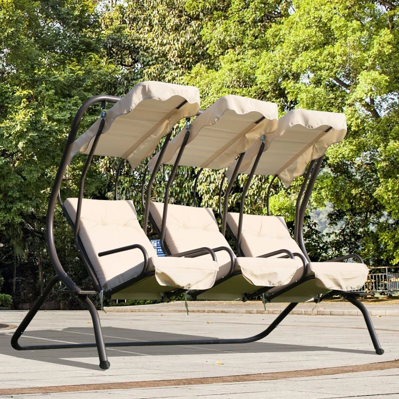 Outsunny 3-Seater Swing Chair W/ Removable Canopy and Cup Trays, Steel Frame-Beige