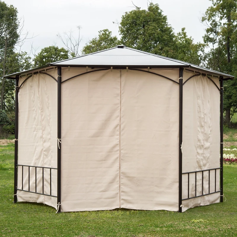 Outsunny 2m Hexagonal Patio Metal Gazebo w/Curtain-Brown/Beige