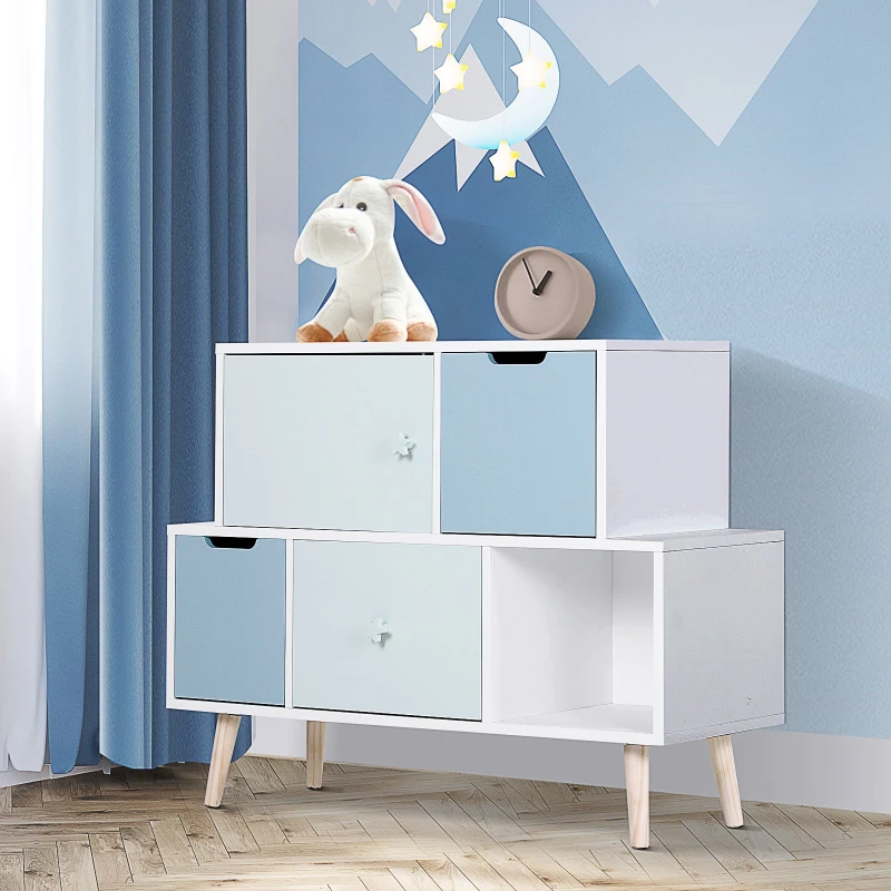 HOMCOM Kids MDF Heart-Shaped Handle Storage Drawer Cabinet Blue