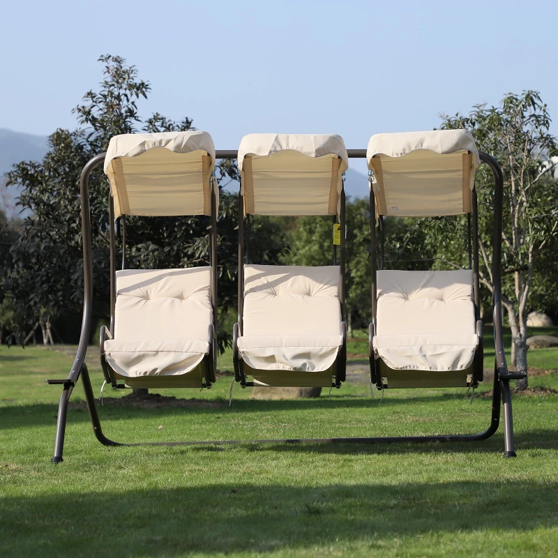 Outsunny 3-Seater Swing Chair W/ Removable Canopy and Cup Trays, Steel Frame-Beige