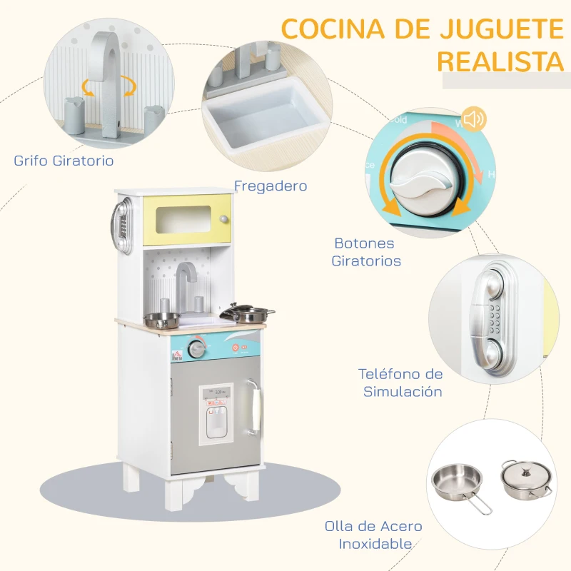 HOMCOM 3 Cocinas de Juguete de Madera para Niños de +3 Años Cocinita Infantil con Teléfono Accesorios Estantes Armarios Dispensador de Agua y Microondas 57x28x55 cm Blanco
