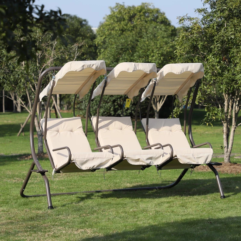 Outsunny 3-Seater Swing Chair W/ Removable Canopy and Cup Trays, Steel Frame-Beige