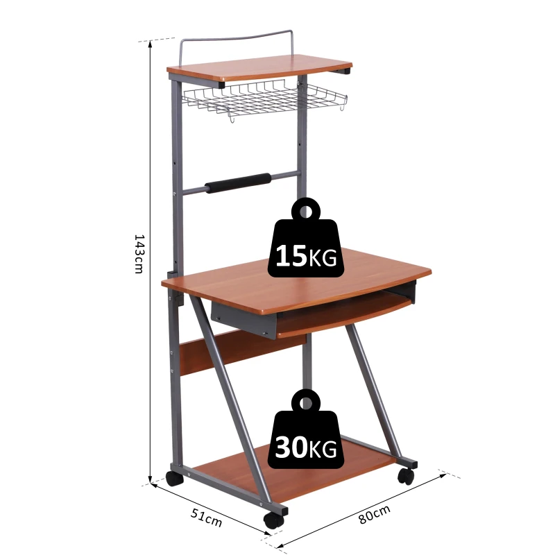 HOMCOM Computer Desk W/Wheels, 80Lx51Wx143H cm, Metal, MDF Board-Silver/Wood Colour