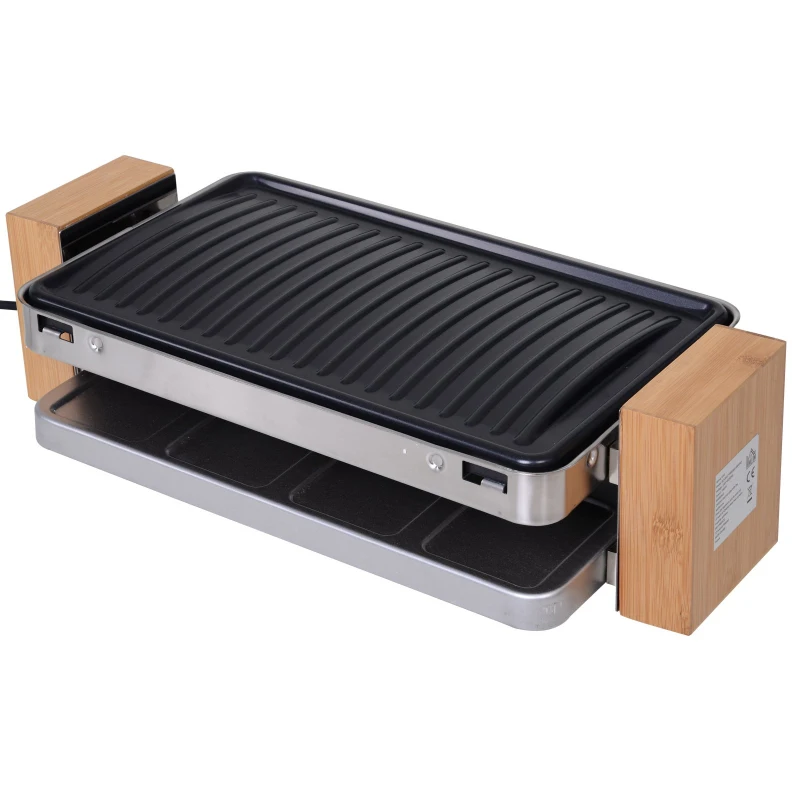 HOMCOM Metal 2-Tier Non-Stick Electric BBQ Grill w/ Bamboo Wood Tone