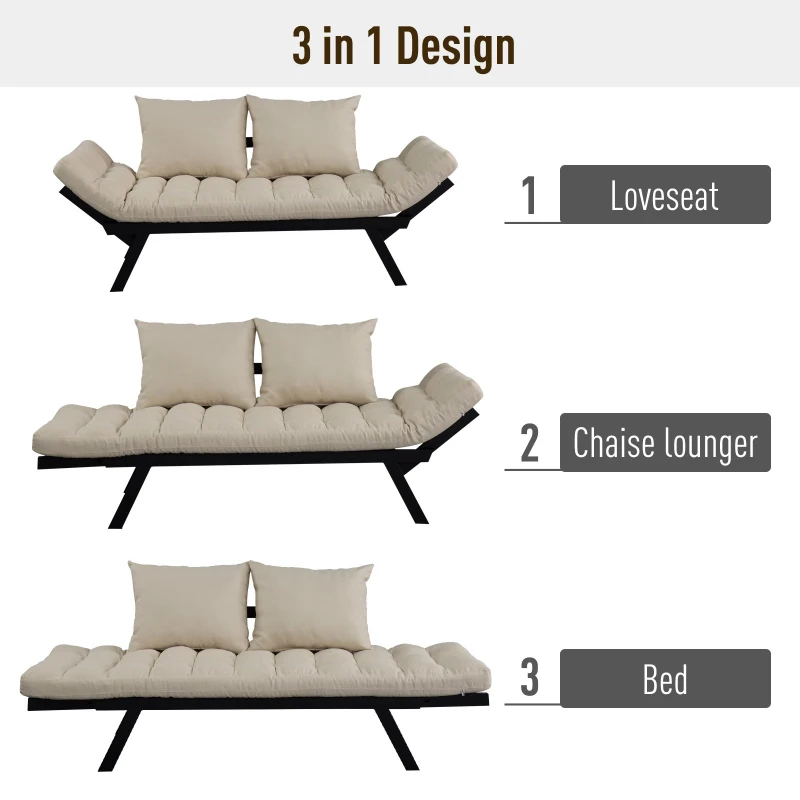 HOMCOM Linen Fabric 3-Position Sofa Bed Chaise Lounge Convertible with Pillows Beige