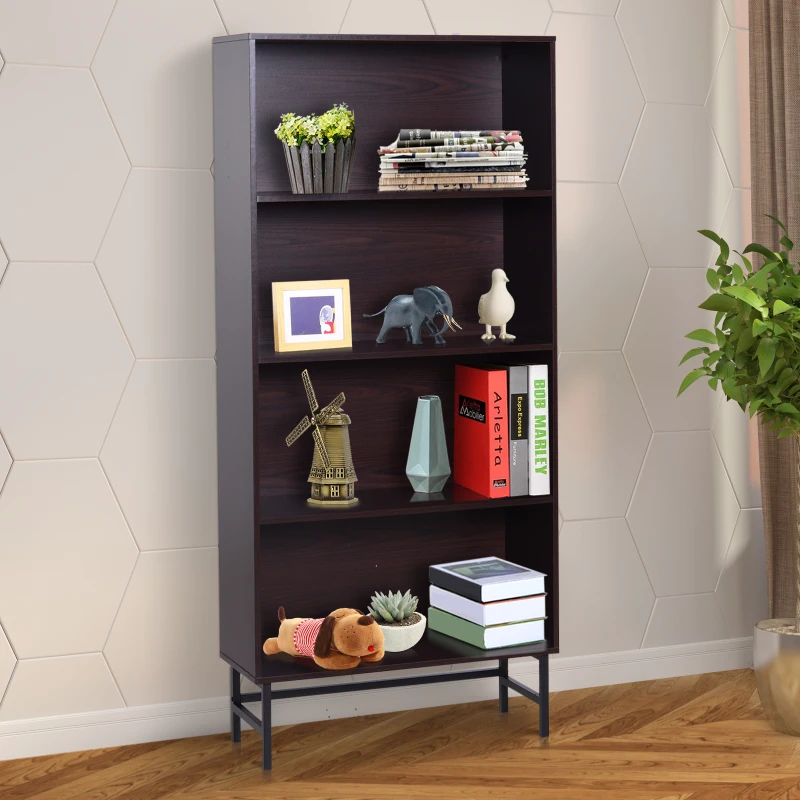 HOMCOM 4-Tier Bookshelf, 80Lx29.5Wx180H cm-Dark Coffee/Grain/Black Colour