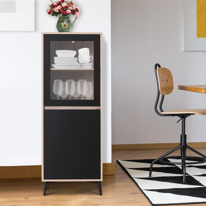 HOMCOM 2-Tier Storage Cabinet, Tempered Glass, 48Wx40Dx132H cm-Oak/Black Colour