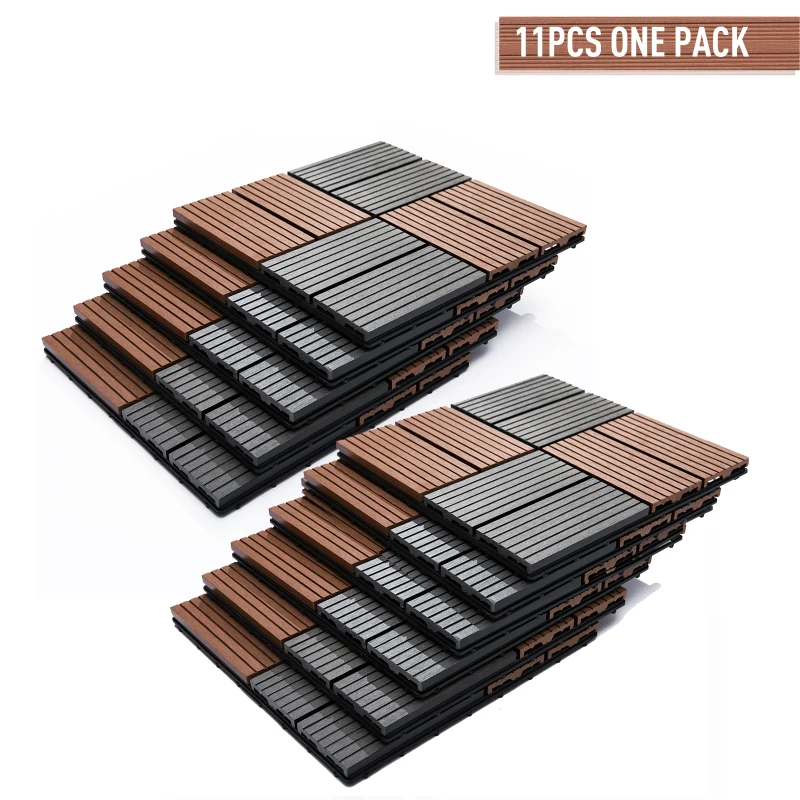 Outsunny Interlocking Decking Tiles, High-density Polyethylene, 30x30cm, 11pcs-Light Brown/Grey