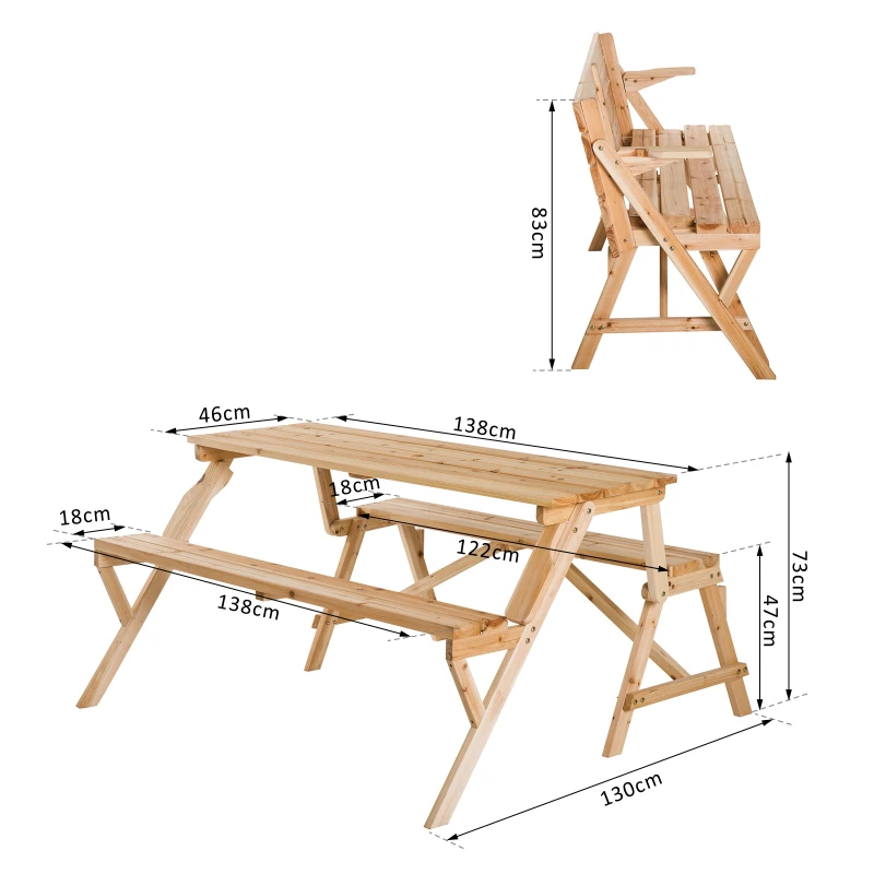 Outsunny 2-in-1 Fir Wood Table Bench, 138Lx130Wx73H cm-Burlywood Colour