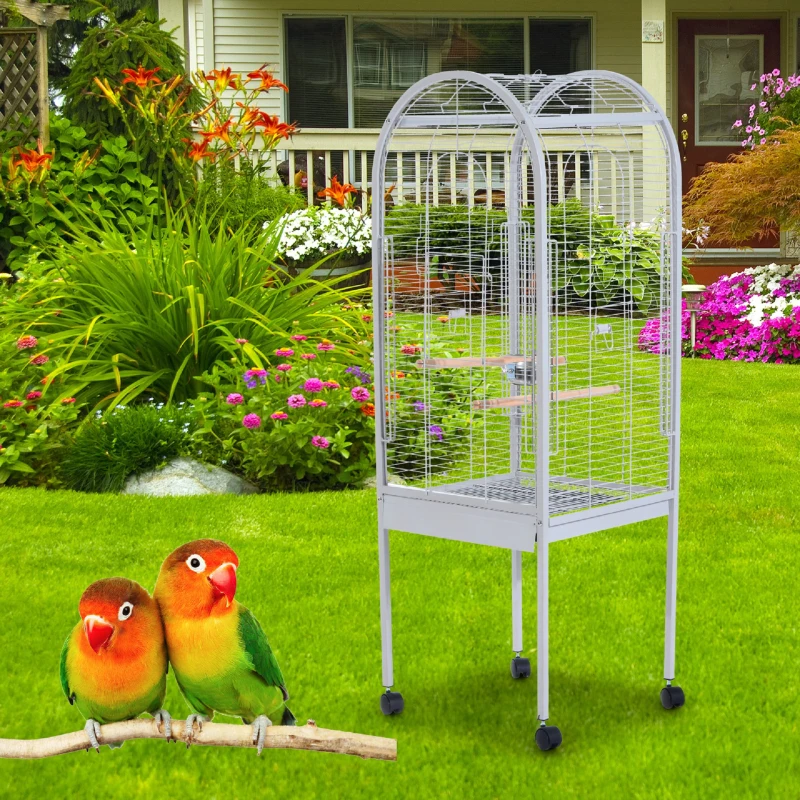 PawHut 53Lx52Wx156H cm Metal Bird Cage W/ Wheels & Stand-Silver