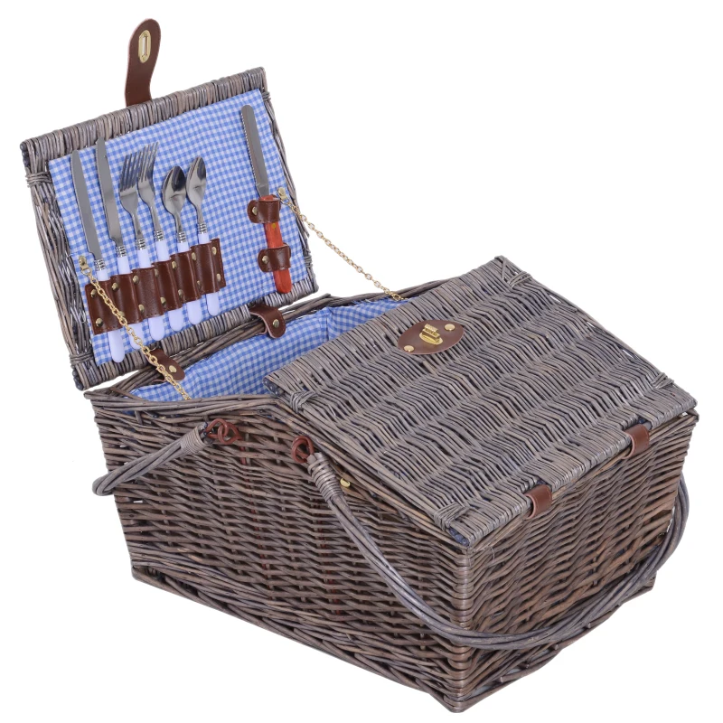 Outsunny 4 People Picnic Basket, 46Lx32Wx27Hcm-Grey/Blue
