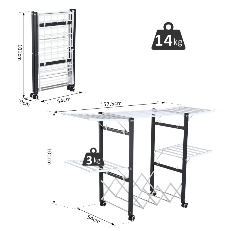 HOMCOM Foldable Clothes Drying Rack w/ Casters, 157.5Lx54Wx101H cm-Black/White