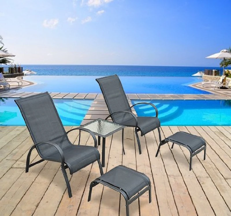 Outsunny 5 Pc Garden Lounger Set: 2 xChairs, 1 xCoffee Table, 2 xFoot Stool-Black