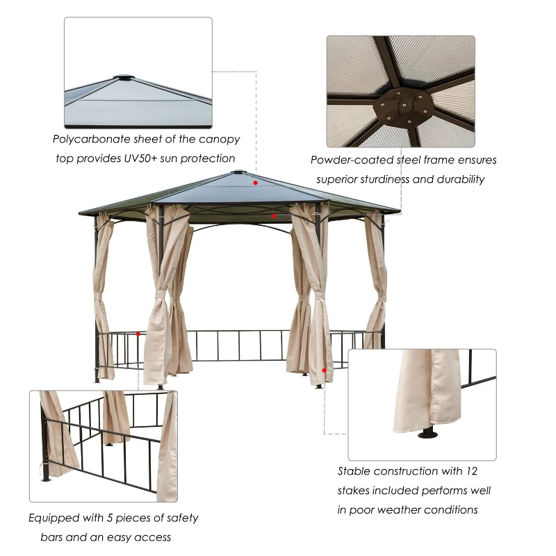 Outsunny 2m Hexagonal Patio Metal Gazebo w/Curtain-Brown/Beige