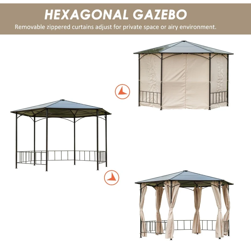 Outsunny 2m Hexagonal Patio Metal Gazebo w/Curtain-Brown/Beige