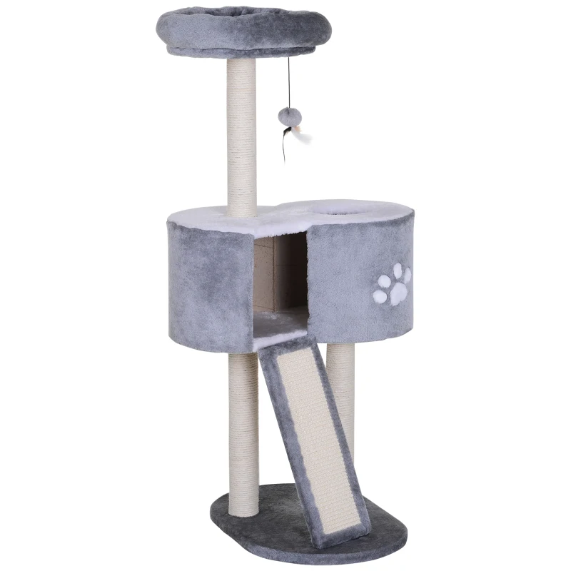 PawHut Cat Tree Three Tier Scratching Post Activity Centre w/ Bed and Condo Ladder 125cm