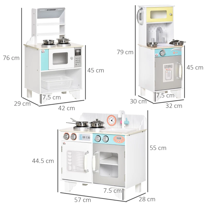 HOMCOM 3 Cocinas de Juguete de Madera para Niños de +3 Años Cocinita Infantil con Teléfono Accesorios Estantes Armarios Dispensador de Agua y Microondas 57x28x55 cm Blanco