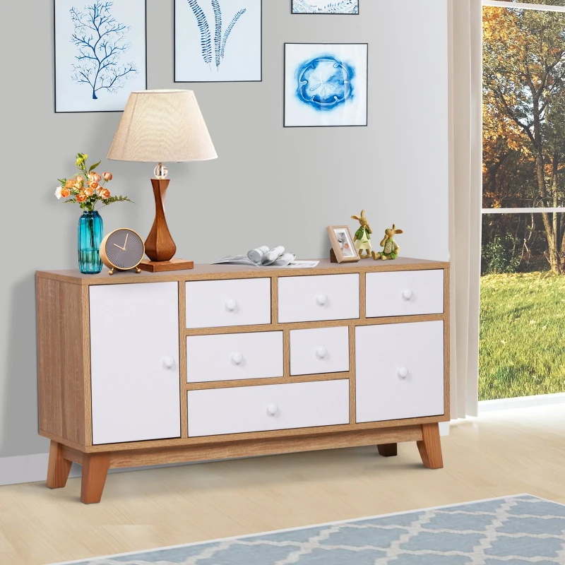 HOMCOM Seven Drawers Side Storage Cabinet, 95.5L x 30D x 51Hcm-Oak/White