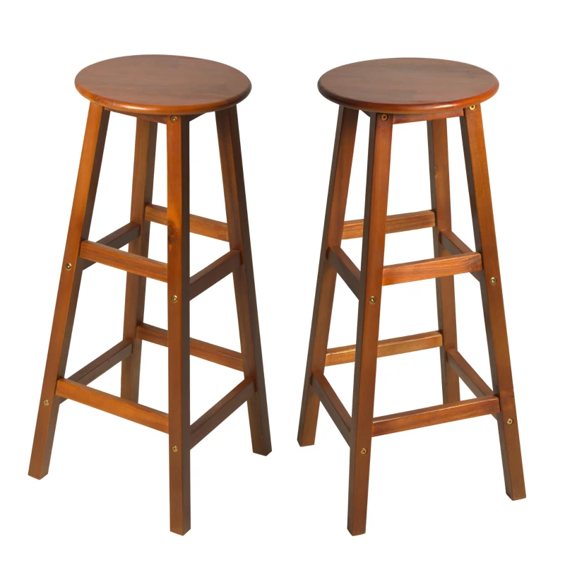 HOMCOM 2 PCs Bar Stools Chairs, Acacia Wood-Teak Colour