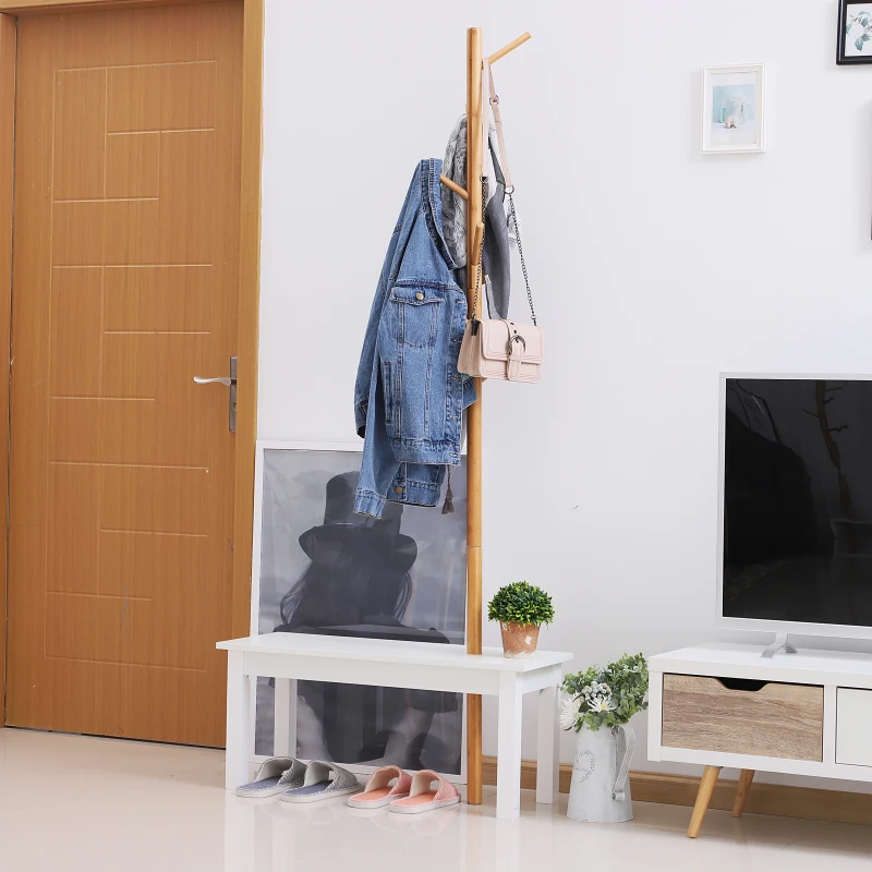 HOMCOM Bamboo Coat Rack W/Shoe Bench, 80Lx30Wx180H cm-White/Natural Wood Colour