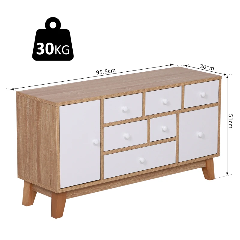 HOMCOM Seven Drawers Side Storage Cabinet, 95.5L x 30D x 51Hcm-Oak/White