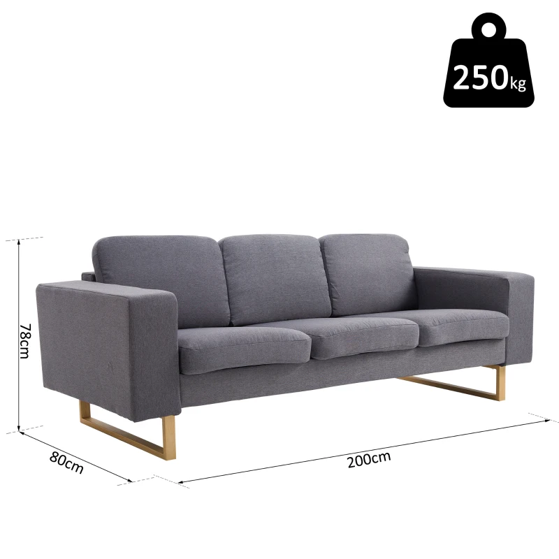 HOMCOM 3 Seater Sofa, Linen, 200Wx82Dx78H cm-Dark Grey